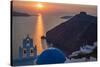 Blue dome church and famous three bells with cross and steeple in Fira, Santorini, Greece.-Michele Niles-Stretched Canvas