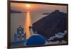 Blue dome church and famous three bells with cross and steeple in Fira, Santorini, Greece.-Michele Niles-Framed Photographic Print