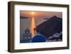 Blue dome church and famous three bells with cross and steeple in Fira, Santorini, Greece.-Michele Niles-Framed Photographic Print