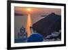 Blue dome church and famous three bells with cross and steeple in Fira, Santorini, Greece.-Michele Niles-Framed Photographic Print