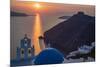 Blue dome church and famous three bells with cross and steeple in Fira, Santorini, Greece.-Michele Niles-Mounted Photographic Print