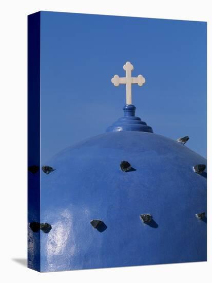 Blue dome of a church with cross on Santorin, Greece-Murat Taner-Stretched Canvas