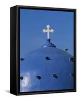 Blue dome of a church with cross on Santorin, Greece-Murat Taner-Framed Stretched Canvas