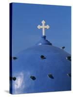 Blue dome of a church with cross on Santorin, Greece-Murat Taner-Stretched Canvas