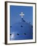 Blue dome of a church with cross on Santorin, Greece-Murat Taner-Framed Photographic Print