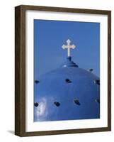 Blue dome of a church with cross on Santorin, Greece-Murat Taner-Framed Photographic Print