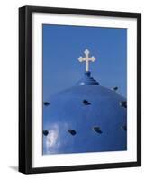 Blue dome of a church with cross on Santorin, Greece-Murat Taner-Framed Photographic Print