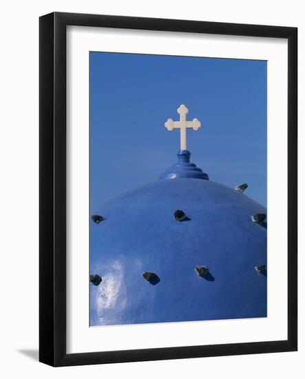 Blue dome of a church with cross on Santorin, Greece-Murat Taner-Framed Photographic Print