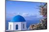Blue domed Greek Orthodox church with bougainvillea flowers in Oia, Santorini, Greece.-Michele Niles-Mounted Photographic Print