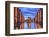 Blue Dusk and Lights are Reflected in Poggenmohlenbrucke with Water Castle Between Bridges-Roberto Moiola-Framed Photographic Print