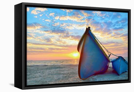 Blue Fisherman Boats and Sunrise-laurentiu iordache-Framed Stretched Canvas