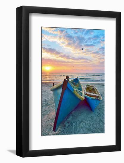 Blue Fisherman Boats and Sunrise-laurentiu iordache-Framed Photographic Print