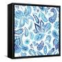 Blue Fresh Indian Vector Pattern-kisika-Framed Stretched Canvas