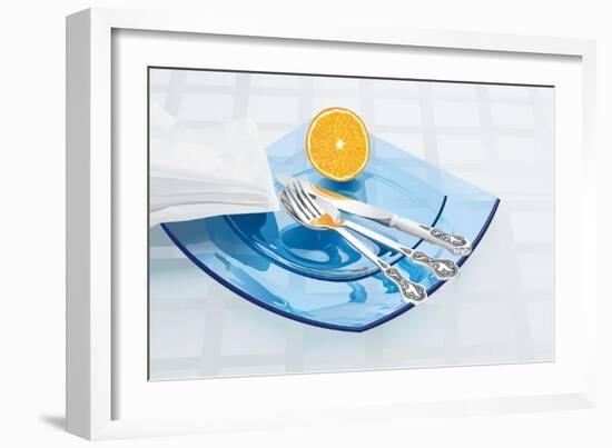 Blue Glass Dishware And Silver Cutlery-Milovelen-Framed Art Print