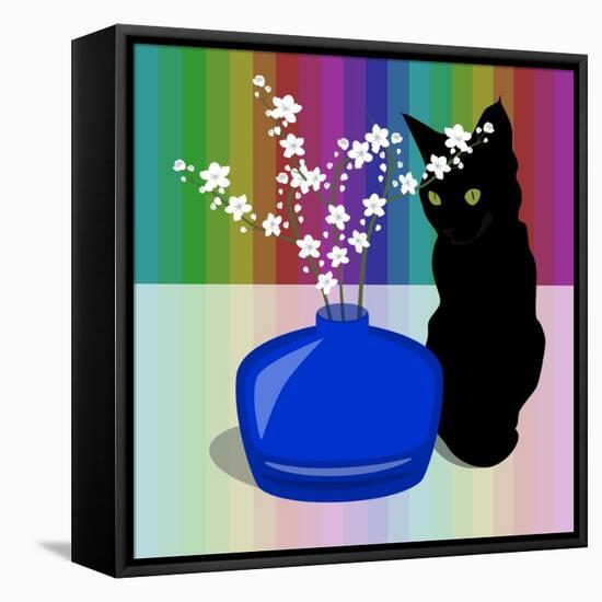 Blue Glass Vase with blossom and black cat-Claire Huntley-Framed Stretched Canvas