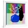 Blue Glass Vase with blossom and black cat-Claire Huntley-Framed Giclee Print