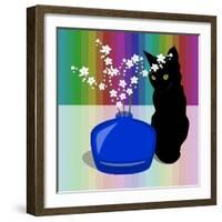 Blue Glass Vase with blossom and black cat-Claire Huntley-Framed Giclee Print