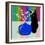 Blue Glass Vase with blossom and black cat-Claire Huntley-Framed Giclee Print
