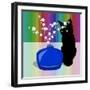 Blue Glass Vase with blossom and black cat-Claire Huntley-Framed Giclee Print