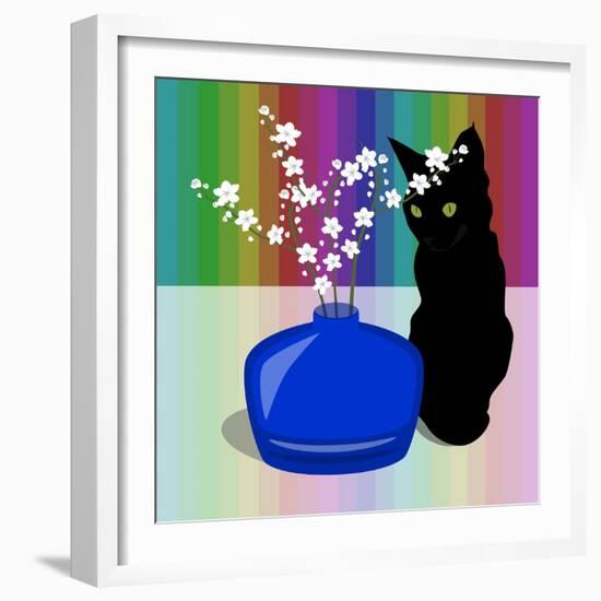 Blue Glass Vase with blossom and black cat-Claire Huntley-Framed Giclee Print