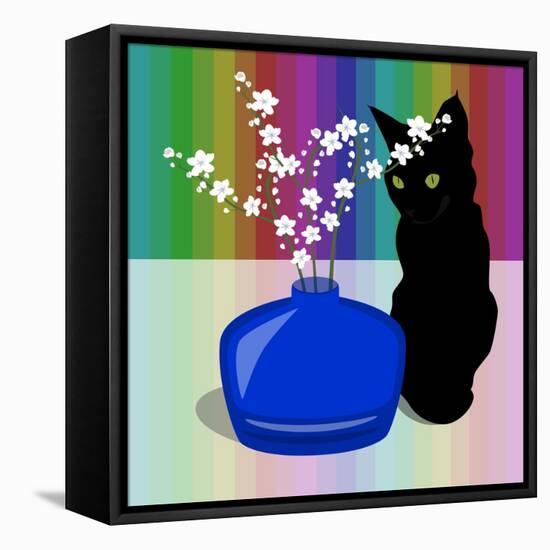 Blue Glass Vase with blossom and black cat-Claire Huntley-Framed Stretched Canvas