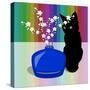 Blue Glass Vase with blossom and black cat-Claire Huntley-Stretched Canvas