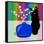 Blue Glass Vase with blossom and black cat-Claire Huntley-Framed Stretched Canvas