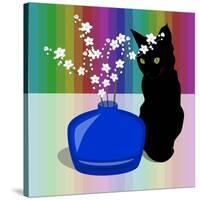 Blue Glass Vase with blossom and black cat-Claire Huntley-Stretched Canvas