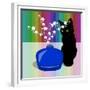 Blue Glass Vase with blossom and black cat-Claire Huntley-Framed Giclee Print