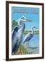 Blue Herons in Grass - Apalachicola, Florida-Lantern Press-Framed Art Print