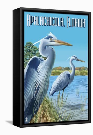 Blue Herons in Grass - Apalachicola, Florida-Lantern Press-Framed Stretched Canvas