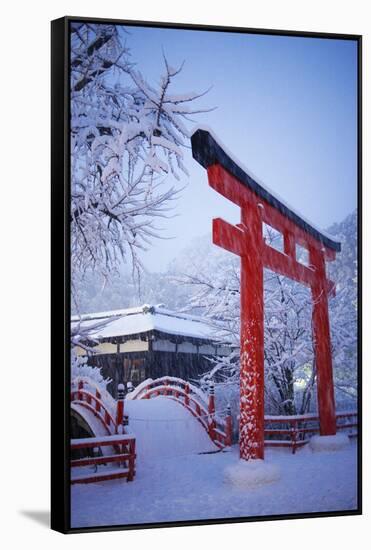 Blue hour in Shimogamo Shrine, UNESCO World Heritage Site, during the largest snowfall on Kyoto in-Damien Douxchamps-Framed Stretched Canvas