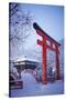 Blue hour in Shimogamo Shrine, UNESCO World Heritage Site, during the largest snowfall on Kyoto in-Damien Douxchamps-Stretched Canvas