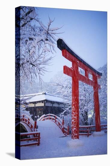 Blue hour in Shimogamo Shrine, UNESCO World Heritage Site, during the largest snowfall on Kyoto in-Damien Douxchamps-Stretched Canvas