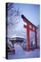 Blue hour in Shimogamo Shrine, UNESCO World Heritage Site, during the largest snowfall on Kyoto in-Damien Douxchamps-Stretched Canvas