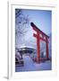 Blue hour in Shimogamo Shrine, UNESCO World Heritage Site, during the largest snowfall on Kyoto in-Damien Douxchamps-Framed Photographic Print