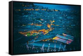 Blue Hour Shot over Roofs of Lijiang Old Town, Lijiang, Yunnan, China, Asia-Andreas Brandl-Framed Stretched Canvas