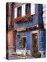 Blue House with Windowbox Full of Geraniums, Niedermorschwihr, Haut-Rhin, Alsace, France-Ruth Tomlinson-Stretched Canvas