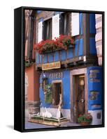 Blue House with Windowbox Full of Geraniums, Niedermorschwihr, Haut-Rhin, Alsace, France-Ruth Tomlinson-Framed Stretched Canvas