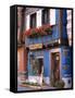 Blue House with Windowbox Full of Geraniums, Niedermorschwihr, Haut-Rhin, Alsace, France-Ruth Tomlinson-Framed Stretched Canvas