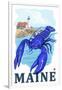 Blue Lobster & Portland Lighthouse - Maine-Lantern Press-Framed Art Print