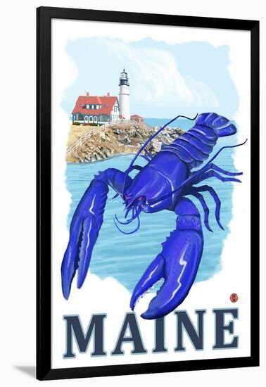 Blue Lobster & Portland Lighthouse - Maine-Lantern Press-Framed Art Print