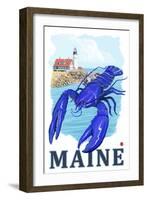 Blue Lobster & Portland Lighthouse - Maine-Lantern Press-Framed Art Print