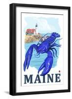 Blue Lobster & Portland Lighthouse - Maine-Lantern Press-Framed Art Print