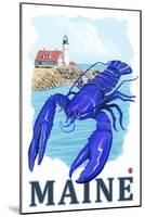 Blue Lobster & Portland Lighthouse - Maine-Lantern Press-Mounted Art Print