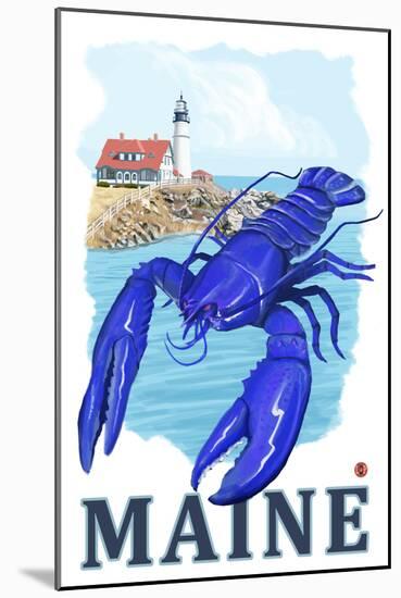 Blue Lobster & Portland Lighthouse - Maine-Lantern Press-Mounted Art Print