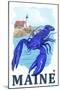 Blue Lobster & Portland Lighthouse - Maine-Lantern Press-Mounted Art Print