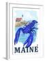 Blue Lobster & Portland Lighthouse - Maine-Lantern Press-Framed Art Print