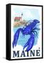 Blue Lobster & Portland Lighthouse - Maine-Lantern Press-Framed Stretched Canvas