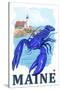 Blue Lobster & Portland Lighthouse - Maine-Lantern Press-Stretched Canvas